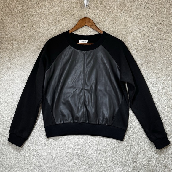 Evereve Kat Vegan Leather Front Swetashirt Black Raglan Pullover Top Size Small - Picture 4 of 16
